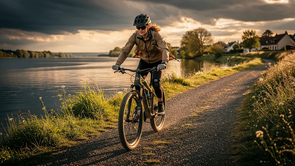 Cycliste à VTT longeant la Moselle jusqu’au plan d’eau de Basse-Ham avec un vent puissant