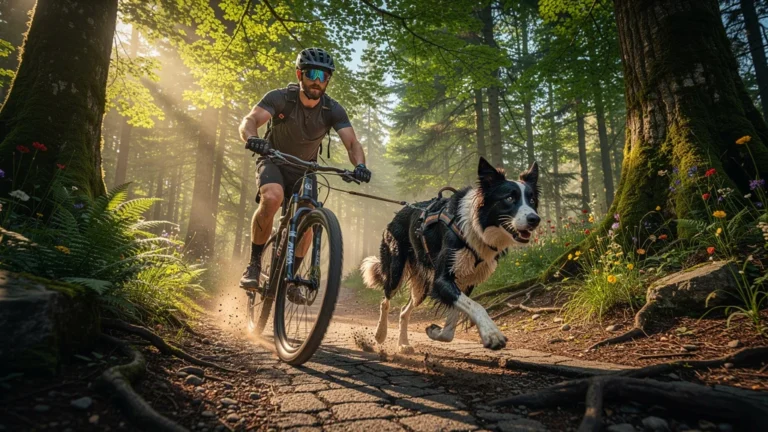 Homme et chien en cani-VTT dans forêt, moment intense après une semaine d'expérience