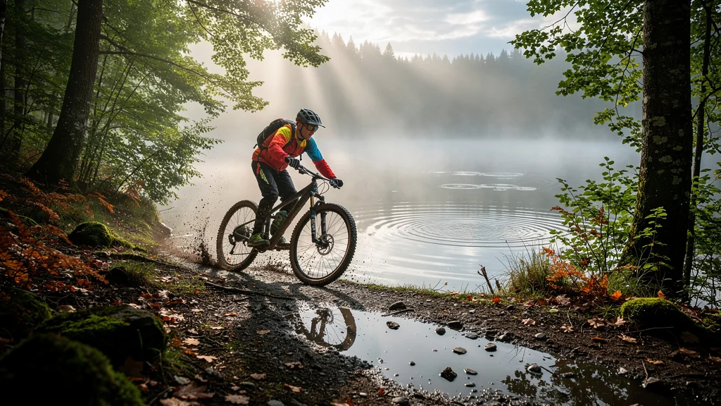 VTT autour du lac de Madine après la pluie, sentier boueux et ambiance automnale réaliste