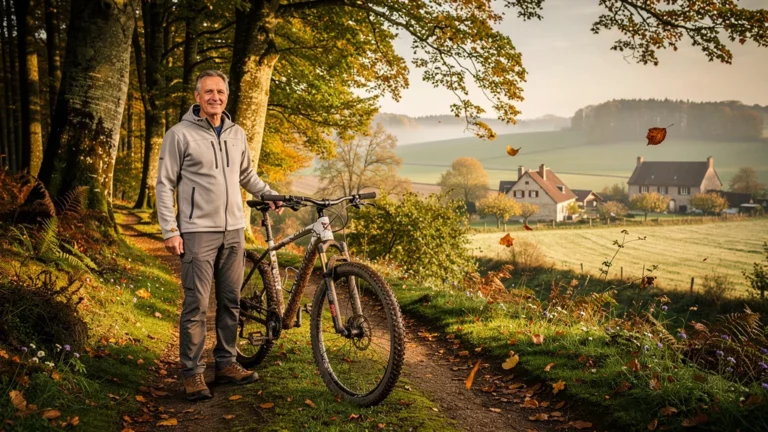 Homme posant son vieux VTT pour explorer autrement la nature et les paysages de la Lorraine