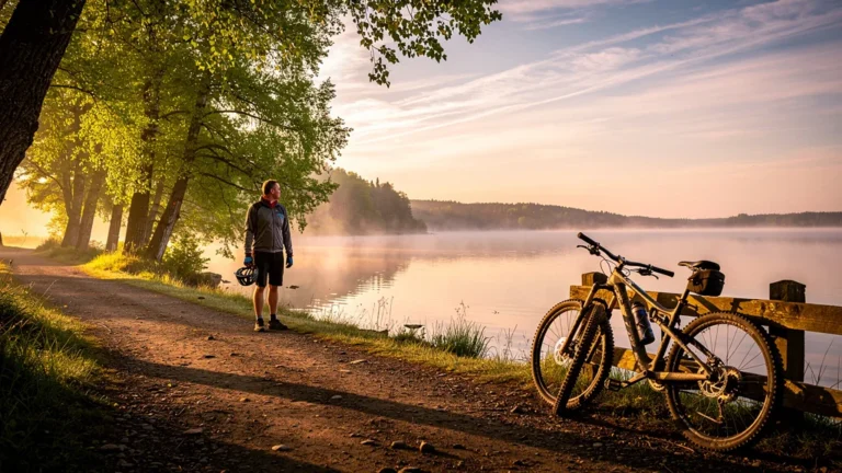 Paysage hyper-réaliste du lac Madine avec VTT, reflet matinal, changeant les exigences d’itinéraire