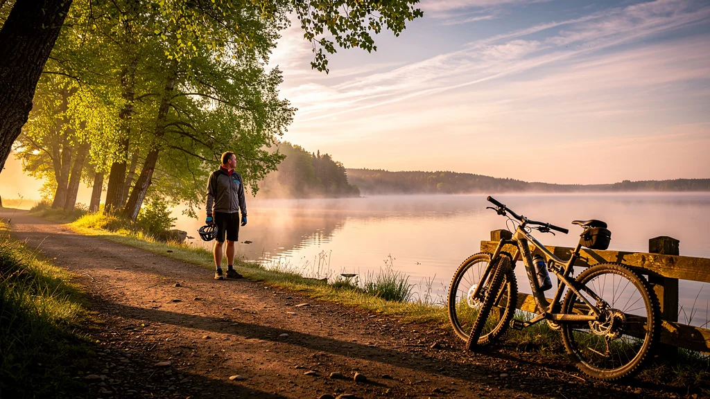 Paysage hyper-réaliste du lac Madine avec VTT, reflet matinal, changeant les exigences d’itinéraire