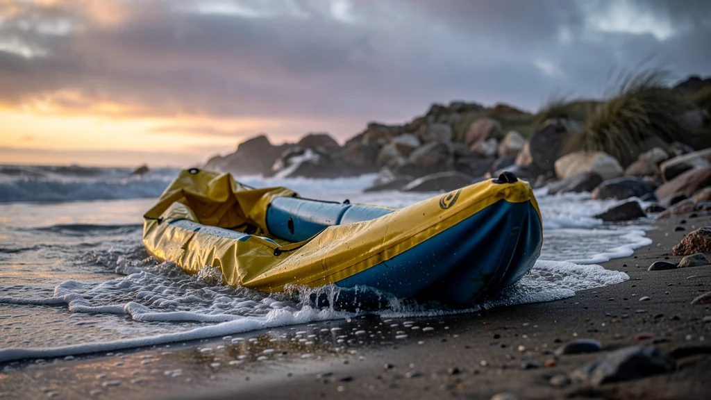 Kayak sous-gonflé plié dès la première vague sur une côte rocheuse au lever du jour