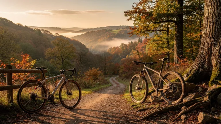 Paysage hyper-réaliste des Côtes de Meuse avec vélos gravel et VTT sur sentiers en automne