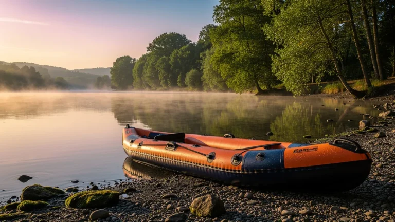 Kayak gonflable orange sur la rive calme du lac de Madine au lever du soleil, reflet parfait et nature paisible