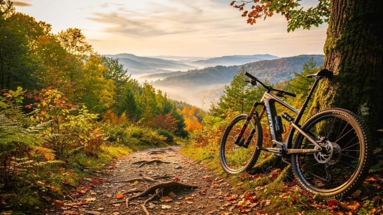 Paysage automnal en Lorraine avec sentier de trail et VTT, nature luxuriante et lumière dorée