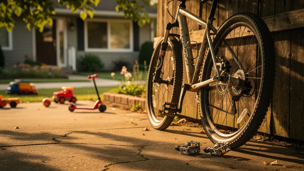 Image photoréaliste d'un vélo VTT avec pédales automatiques divisant une ambiance familiale chaleureuse
