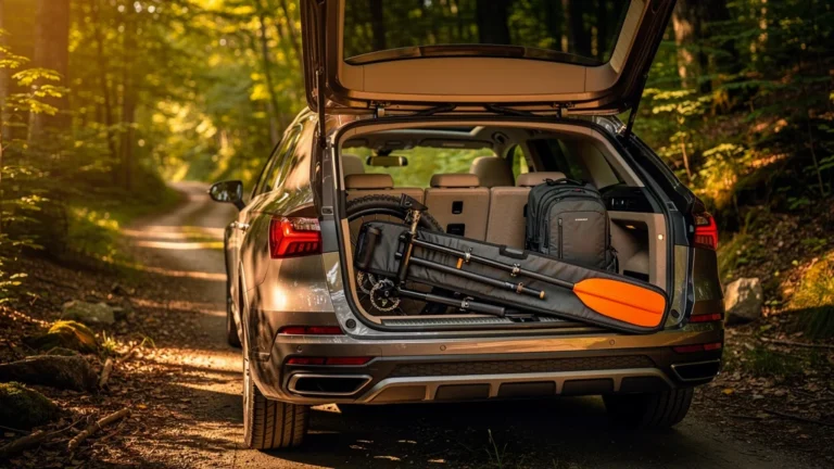 Pagaie démontable rangée dans un coffre de voiture sans encombrer, idéale pour VTT et kayak
