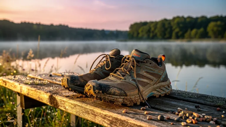 Chaussures trail séchant sur un banc en bois au bord du lac de Madine au lever du soleil