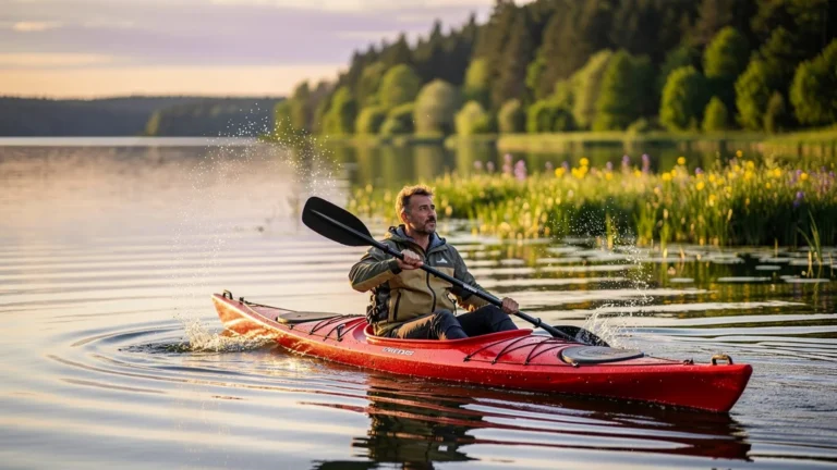 Homme en kayak sur le lac de Madine, expérience immersive pour vététiste débutant en kayak