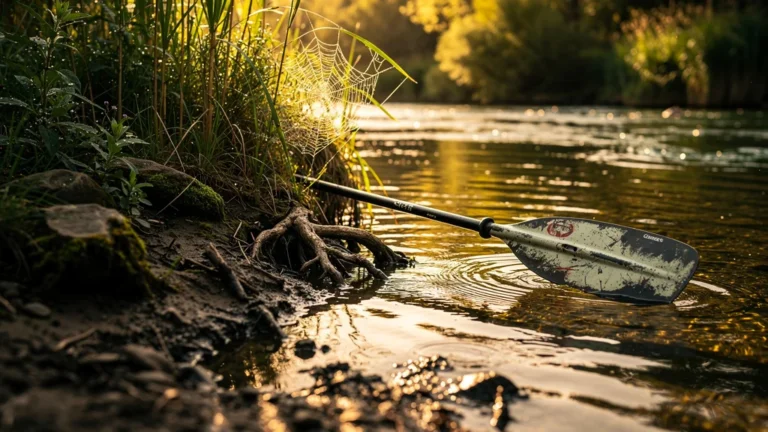 Pagaie tombée près de la berge d’une rivière, reflet doré au coucher de soleil, scène hyper-réaliste