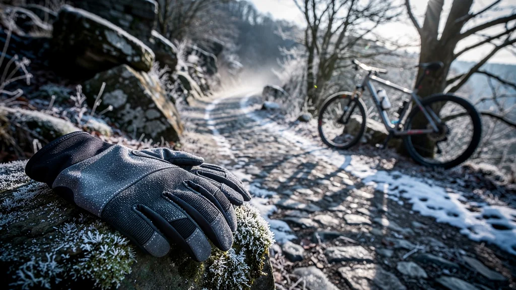 Gants longs de VTT protégeant les mains sur sentiers gelés dans la région de Meuse en hiver