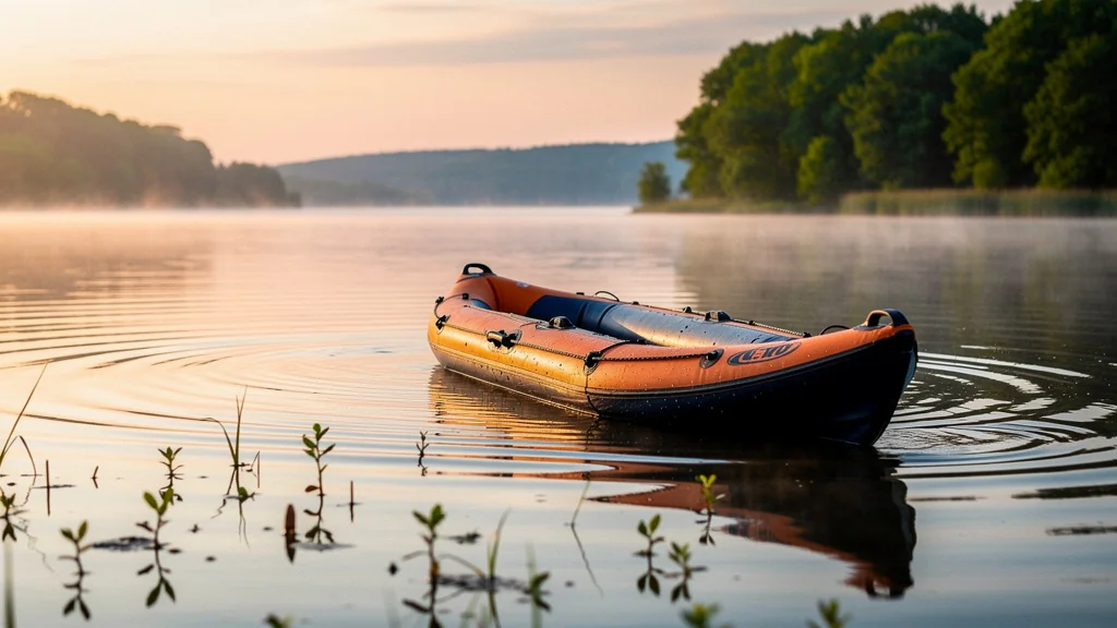 Kayak gonflable orange sur le lac de Madine au lever du soleil, matinée paisible et nature préservée