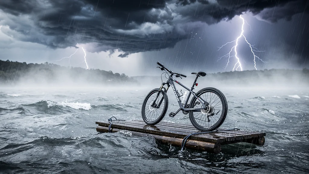 Orage violent sur le lac de Madine avec un VTT abandonné sur un radeau sous la pluie battante