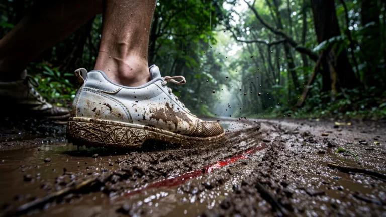 Glissade en tennis dans la boue avec genou ouvert sur sentier forestier boueux, chute VTT réaliste