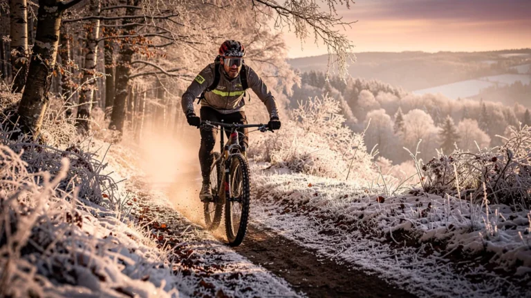 Homme en VTT traversant en hiver un sentier gelé dans la forêt de Lorraine, ambiance froide et sauvage