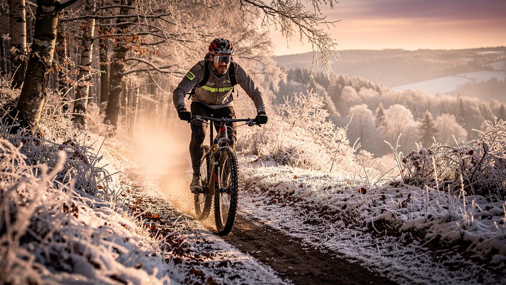 Homme en VTT traversant en hiver un sentier gelé dans la forêt de Lorraine, ambiance froide et sauvage