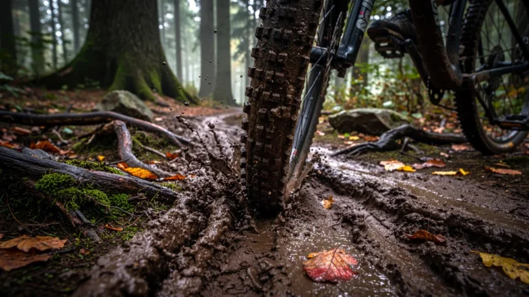 Pneu large VTT dans la boue de la Meuse, adhérence parfaite sans glissade, test terrain boueux