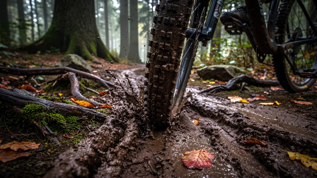Pneu large VTT dans la boue de la Meuse, adhérence parfaite sans glissade, test terrain boueux