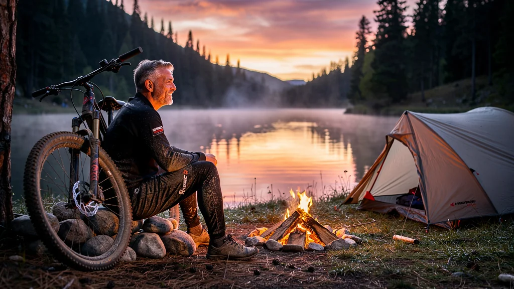 Bivouac au bord d’un lac après une sortie VTT prolongée, ambiance paisible au coucher du soleil