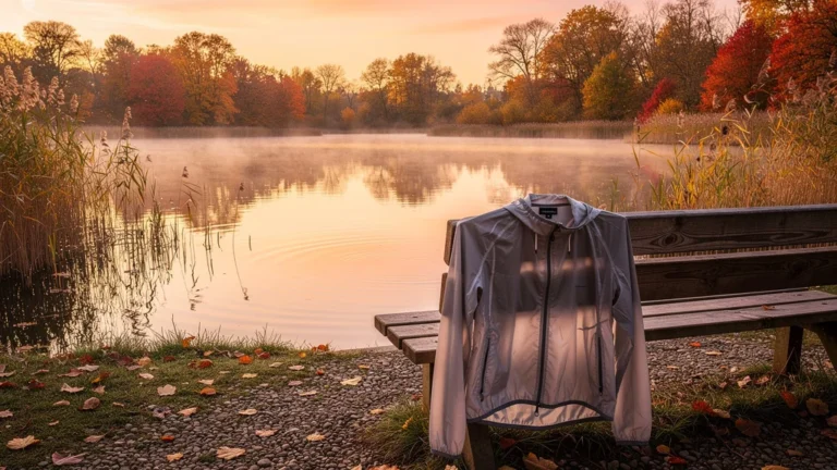 Lac paisible d'automne au matin avec un coupe-vent léger flottant sur un banc en bois