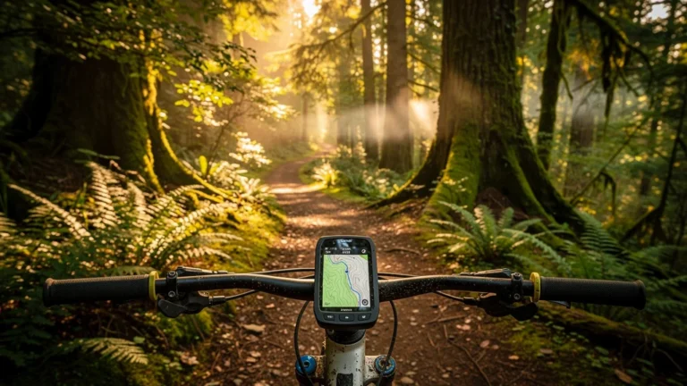Un GPS d'entrée de gamme monté sur un VTT suit la trace en pleine forêt dense en lumière dorée