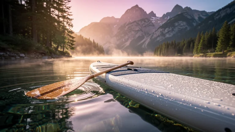Paddleboard calme sur un lac au lever du soleil, éveillant le corps mieux qu'une salle fermée