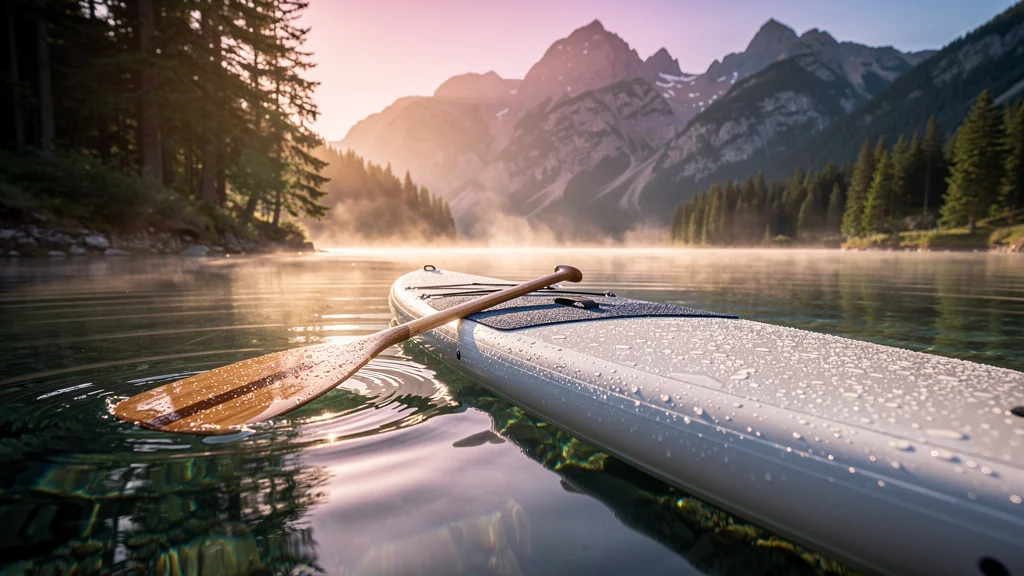 Paddleboard calme sur un lac au lever du soleil, éveillant le corps mieux qu'une salle fermée