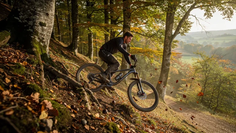 Chute en VTT dans un dévers boisé lorrain montrant terrain accidenté et ambiance automnale réaliste