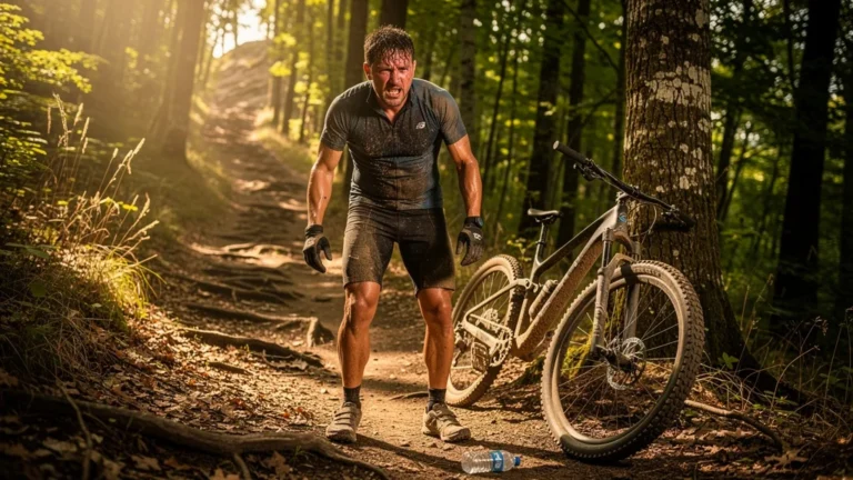 Homme de 41 ans épuisé en VTT lors d’une sortie d’été sans gourde en pleine forêt